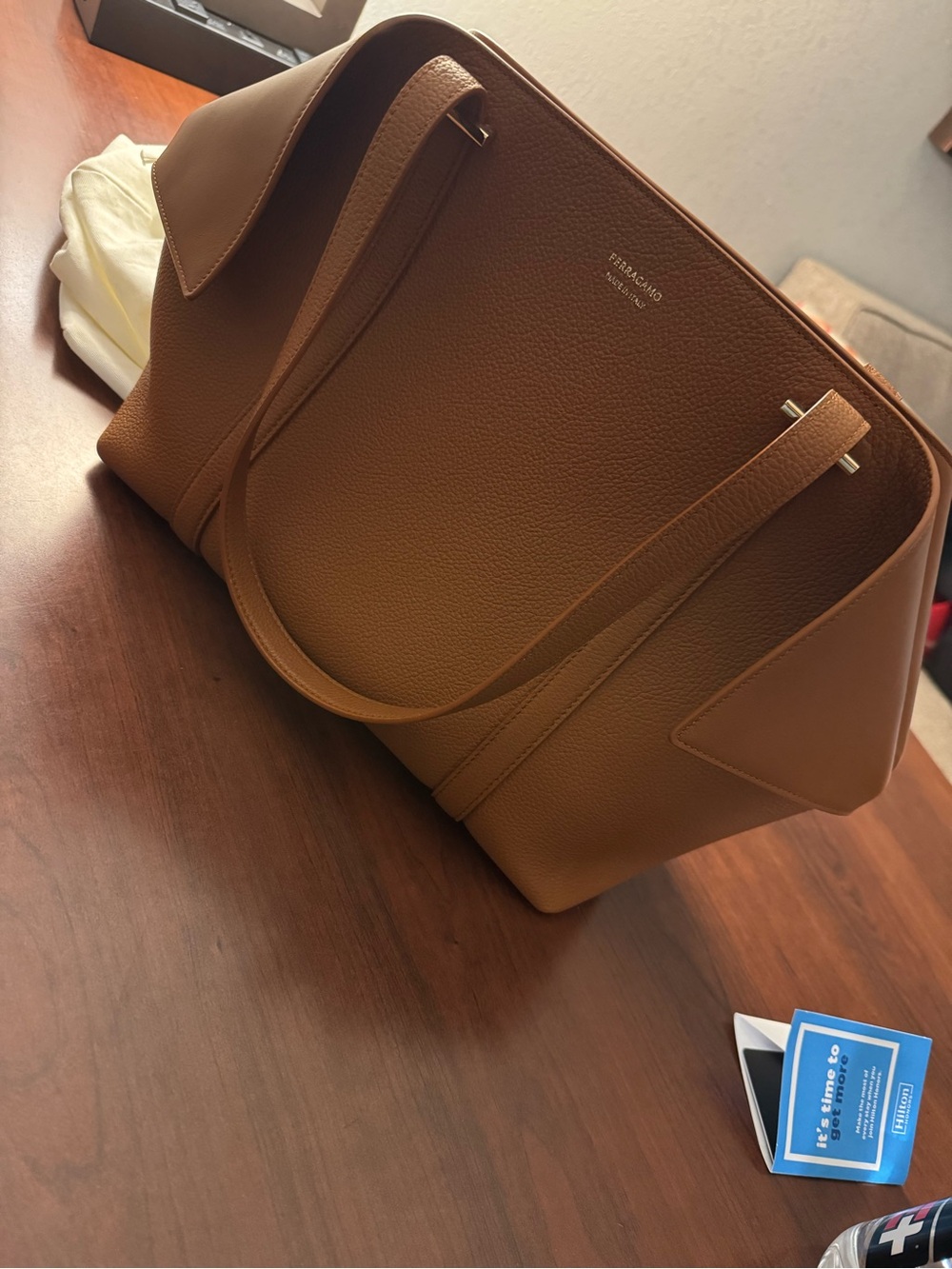 Salvatore Ferragamo Cognac Brown Pebbled Leather Tote